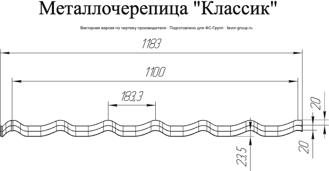 Волнистый лист Гранд Лайн (Grand Line) Classic Drap 0,45 RAL 6005 (зелёный мох) чертёж