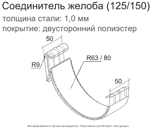 Соединитель желоба d-125 мм ГрандЛайн GL PE Полиэстер двухсторонний 1,00 фото чертёж