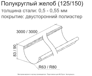 Желоб полукруглый d-125 мм 3 м ГрандЛайн GL ZN 0,55 фото чертёж