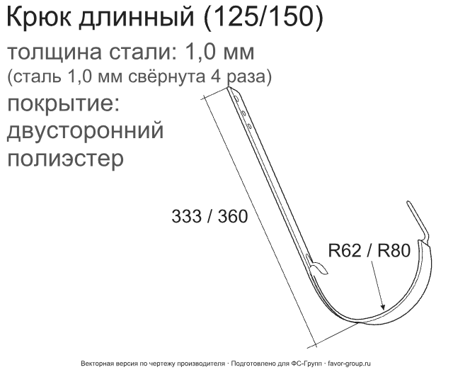 Крюк желоба d-125 мм длинный ГрандЛайн GL PE Полиэстер двухсторонний 1,00 фото чертёж