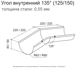 Угол желоба внутренний d-125 мм 135° ГрандЛайн GL PU Полиуретан 0,6 фото чертёж