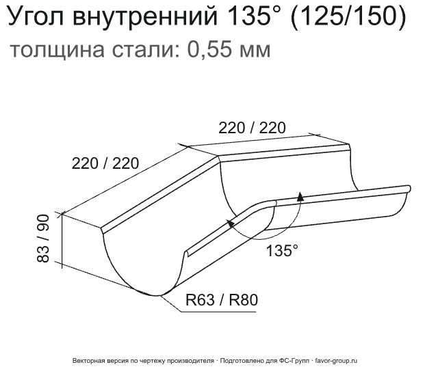 Угол желоба внутренний d-125 мм 135° ГрандЛайн GL PU Полиуретан 0,6 фото чертёж