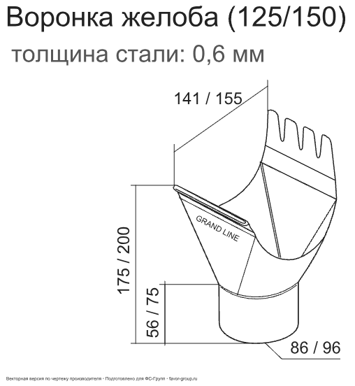 Воронка желоба d-125x90 мм ГрандЛайн GL PU Полиуретан 0,6 фото чертёж