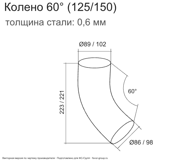 Колено трубы d-90 мм 60° ГрандЛайн GL PU Полиуретан 0,6 фото чертёж