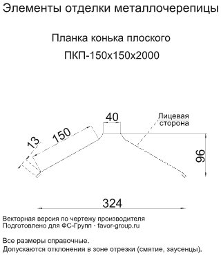 Планка конька плоского Металл Профиль 150x150x2000 Norman 0,5 фото чертёж