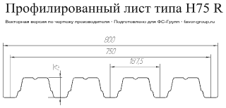 Профнастил ЮджинСтрой Н75 Оцинкованный 0,9 фото чертёж