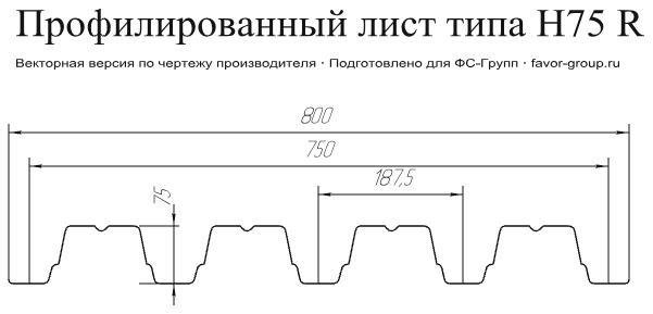 Профнастил ЮджинСтрой Н75 Оцинкованный 0,9 фото чертёж