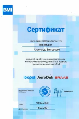 Сертификат об обучении Braas: Верхотуров Александр, 2020