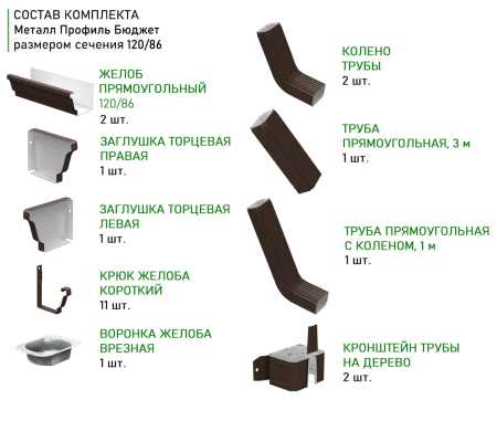 Комплект металлического водостока Металл Профиль Бюджет 120x86 мм 6 м/3 м Полиэстер RAL 8017   фото