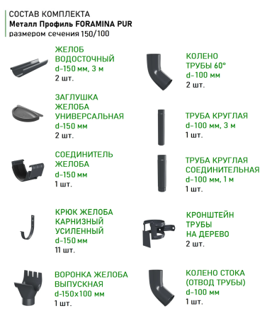 Комплект металлического водостока d-150x100 мм Металл Профиль FORAMINA PUR Purman двухсторонний RAL 7024   фото