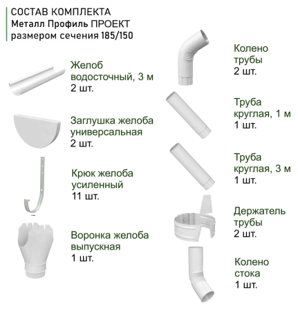 Комплект металлического водостока d-185x150 мм 6 м/3 м Металл Профиль Проект Полиэстер RAL 9003   фото