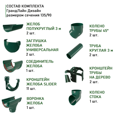 Комплект пластикового водостока d-135/90 мм ГрандЛайн Дизайн зеленый RAL 6005   фото