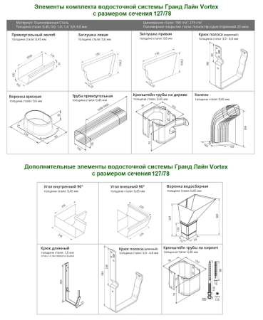 Комплект металлического водостока ГрандЛайн Vortex 127x78 мм Оцинкованный   фото