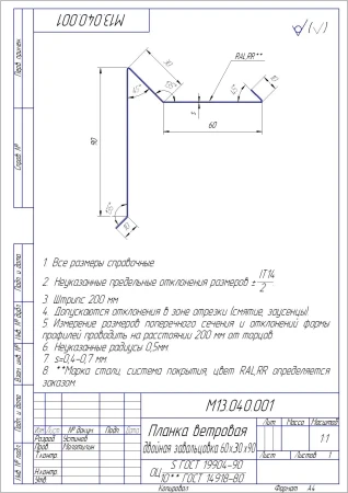 Планка ветровая для мягкой кровли двойная завальцовка Grand Line 60x30x90 0,45 Полиэстер цвет RAL 6019