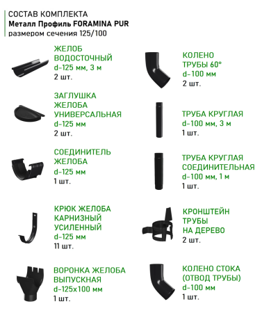 Комплект металлического водостока d-125x100 мм Металл Профиль FORAMINA PUR Purman двухсторонний RAL 9005   фото