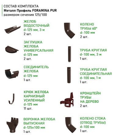 Комплект металлического водостока d-125x100 мм Металл Профиль FORAMINA PUR Purman двухсторонний RAL 8017   фото
