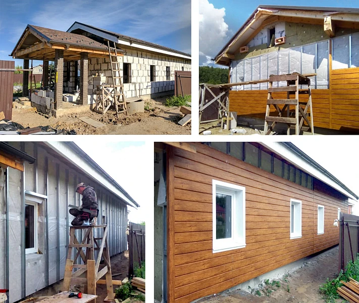 Установка ЭкоБруса Золотой дуб на утеплённый фасад