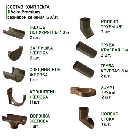 Комплект пластикового водостока d-120x85 мм Döcke Premium каштан RAL 8017   фото