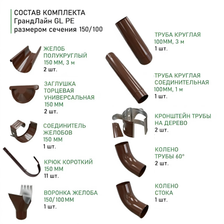 Комплект металлического водостока Grand Line GL PE d-150x100 мм 6 м/3 м Полиэстер двухсторонний RAL 8017   фото