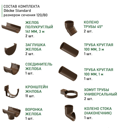 Комплект пластикового водостока d-120x80 мм Döcke Standard светло-коричневый RAL 8017   фото