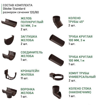 Комплект пластикового водостока d-120x80 мм Döcke Standard темно-коричневый RAL 8019   фото
