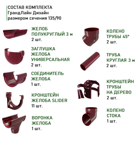Комплект пластикового водостока d-135/90 мм ГрандЛайн Дизайн бордо RAL 3005   фото
