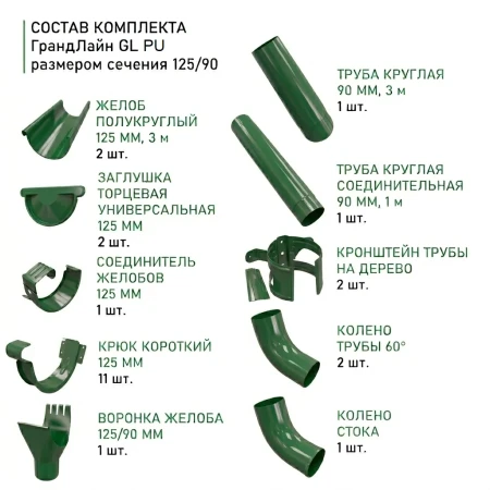 Комплект металлического водостока ГрандЛайн GL PU d-125x90 мм 6 м/3 м Полиуретан RAL 6005   фото