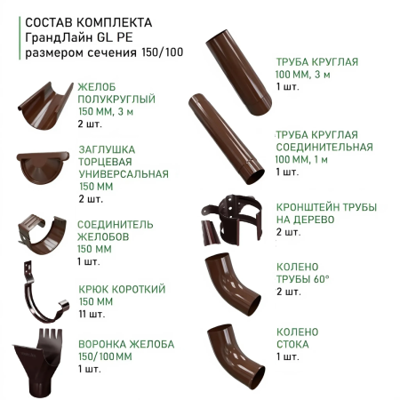 Комплект металлического водостока ГрандЛайн GL PU d-150x100 мм 6 м/3 м Полиуретан RAL 8017   фото