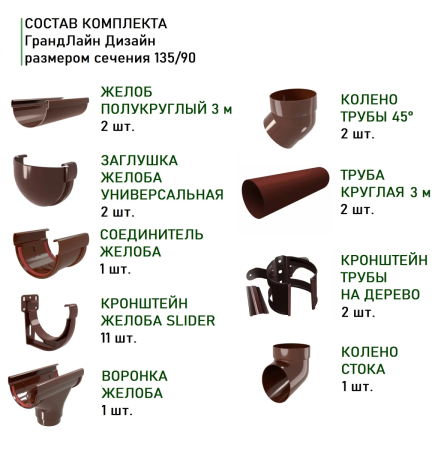 Комплект пластикового водостока d-135/90 мм ГрандЛайн Дизайн шоколадный RAL 8017   фото