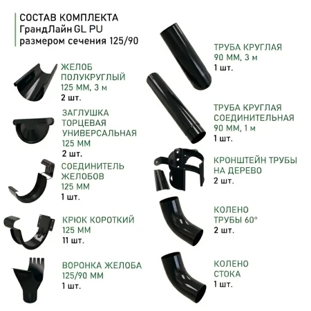 Комплект металлического водостока ГрандЛайн GL PU d-125x90 мм 6 м/3 м Полиуретан RAL 9005   фото