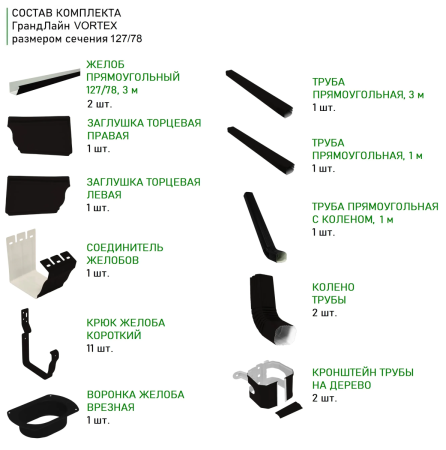 Комплект металлического водостока ГрандЛайн Vortex Matt 127x78 мм Полиэстер Matt RAL 9005   фото