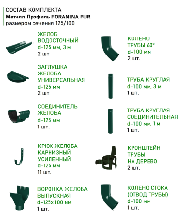 Комплект металлического водостока d-125x100 мм Металл Профиль FORAMINA PUR Purman двухсторонний RAL 6005   фото