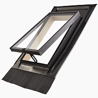 Окно-люк для крыши в открытом положении с чёрной рамой и гофрированным фартуком