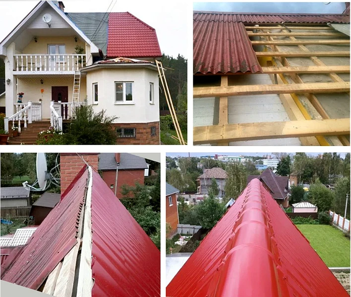 Металлочерепица Металл Профиль Ламонтерра: коллаж этапов монтажа кровли дома