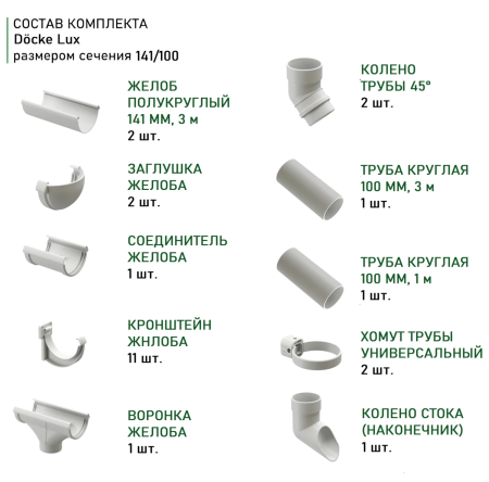 Комплект пластикового водостока d-141x100 мм Döcke lux пломбир RAL 9003   фото