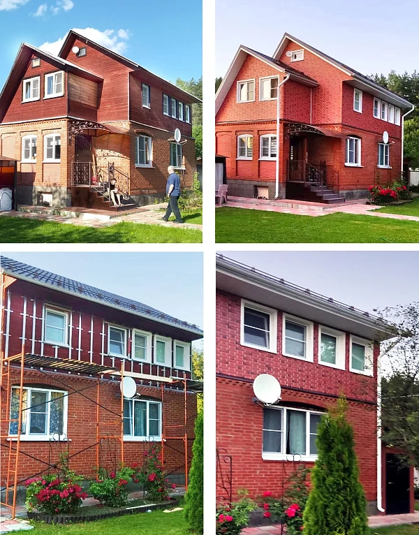 Дом до и после облицовки фасадными панелями Docke Flemish Красный жженый