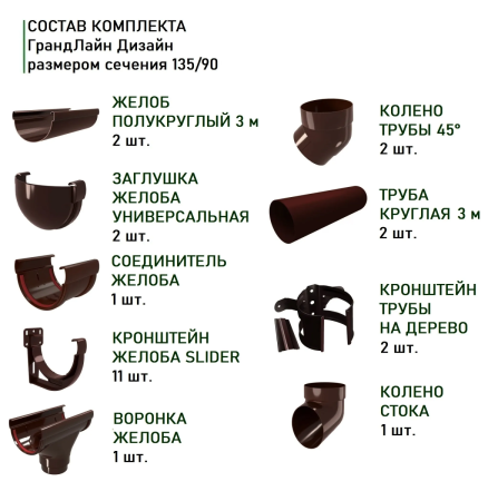 Комплект пластикового водостока d-135/90 мм ГрандЛайн Дизайн коричневый RR 32   фото