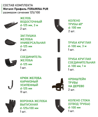 Комплект металлического водостока d-125x100 мм Металл Профиль FORAMINA PUR Purman двухсторонний RR 32   фото