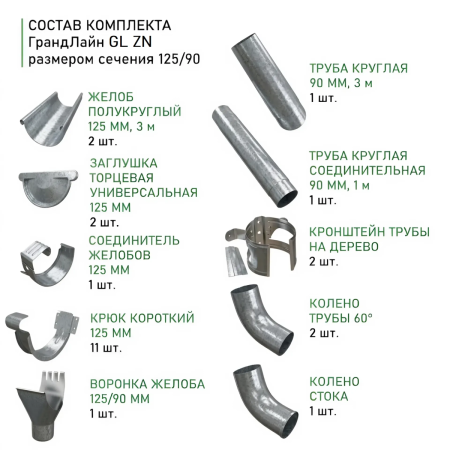 Комплект металлического водостока ГрандЛайн GL ZN d-125x90 мм 6 м/3 м Оцинкованный   фото