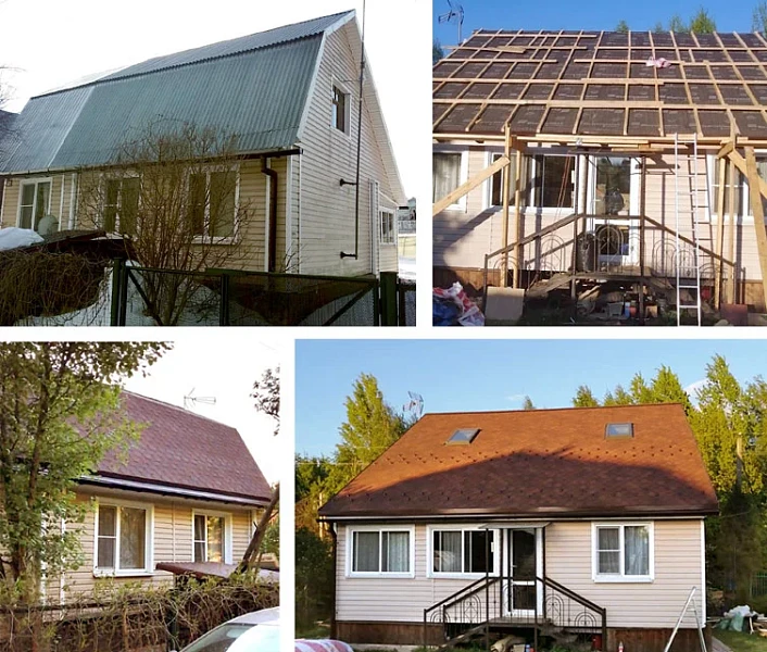 Дом до и после монтажа мягкой черепицы Tegola Nordland Лемех коричневый