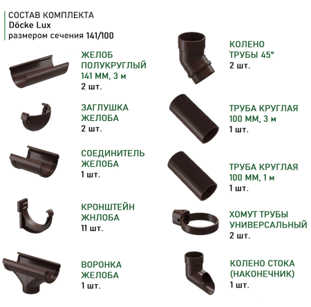 Комплект пластикового водостока d-141x100 мм Döcke lux шоколад RAL 8019   фото