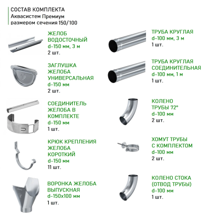 Комплект металлического водостока Аквасистем Премиум d-150x100 мм 6 м/3 м Оцинкованный   фото