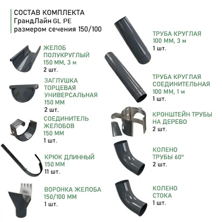Комплект металлического водостока Grand Line GL PE d-150x100 мм 6 м/3 м Полиэстер двухсторонний RAL 7024   фото