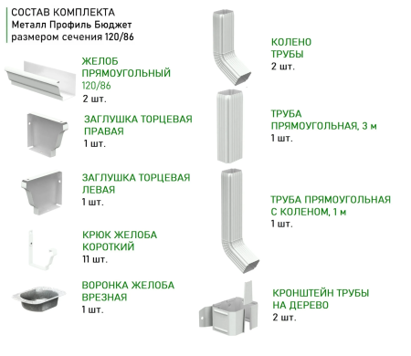 Комплект металлического водостока Металл Профиль Бюджет 120x86 мм 6 м/3 м Полиэстер RAL 9003   фото