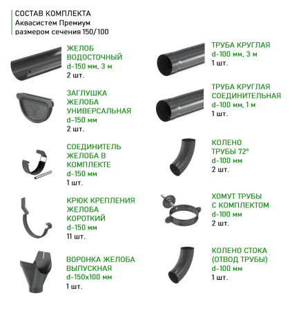 Комплект металлического водостока Аквасистем Премиум d-150x100 мм 6 м/3 м PU Matt RAL 7024   фото