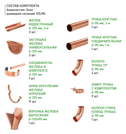 Комплект металлического водостока Аквасистем Комфорт d-125x90 мм 6 м/3 м Aquasystem Элит   фото